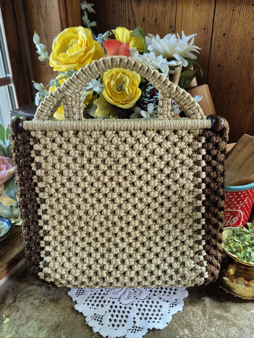 Vintage New Handmade Macramé Tan & Brown Large Tote Bag Wood Side Bead Handles
